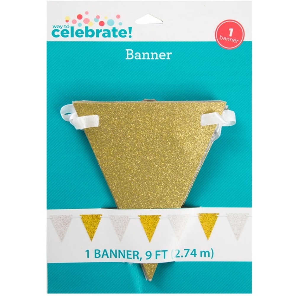 Silver & Gold Glitter Pennant Banner 9 Ft Party Decoration